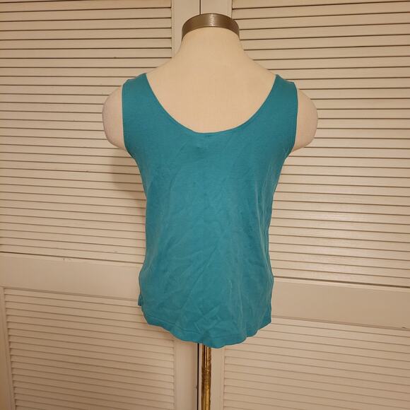 Lands' End Y2K Blue Cotton Stretch Tank Top Small Floral Embroidered Trim - Picture 2 of 7